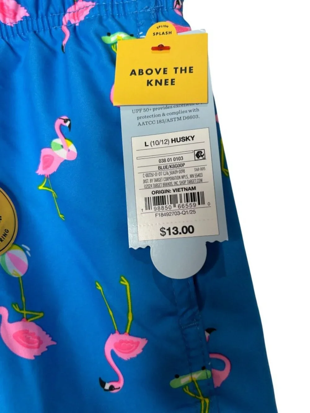 NWT Cat & Jack Boys L (10/12) Husky Blue Flamingo Print Swim Trunks UPF 50+ Abov